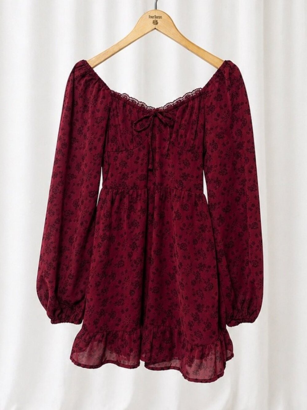 Hollister Red Floral Mini Dress Smocked Puff Sleeve Off Shoulder XS